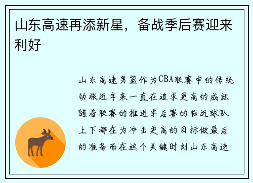 山东高速再添新星，备战季后赛迎来利好