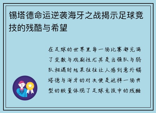 锡塔德命运逆袭海牙之战揭示足球竞技的残酷与希望